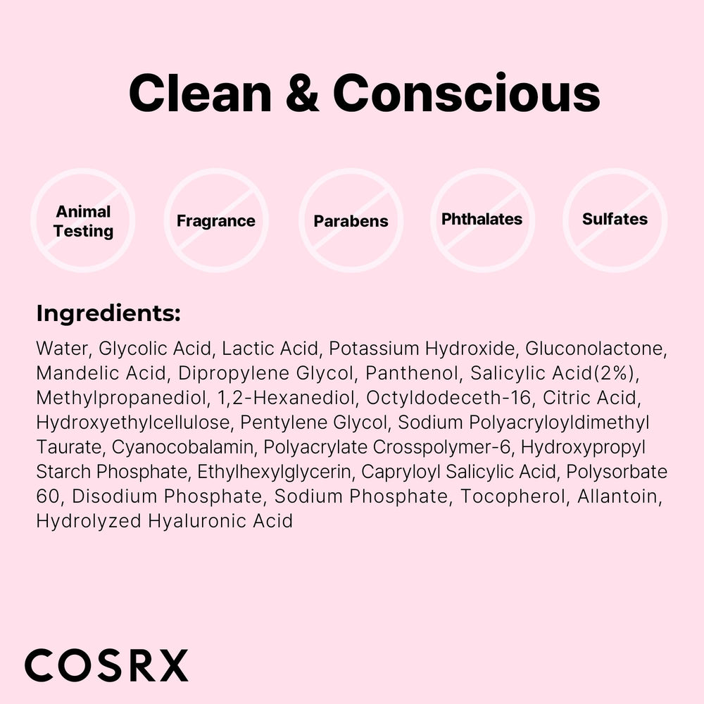 COSRX AHA BHA PHA LHA 35% Peel closeup label highlights its fast-acting, non-irritating formula
