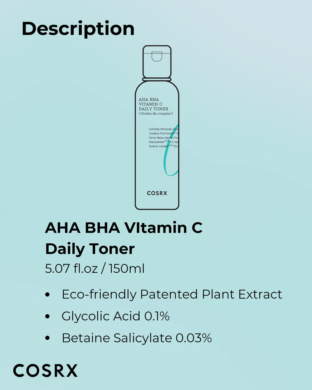 COSRX ABC Daily Toner bottle label closeup highlighting ingredients