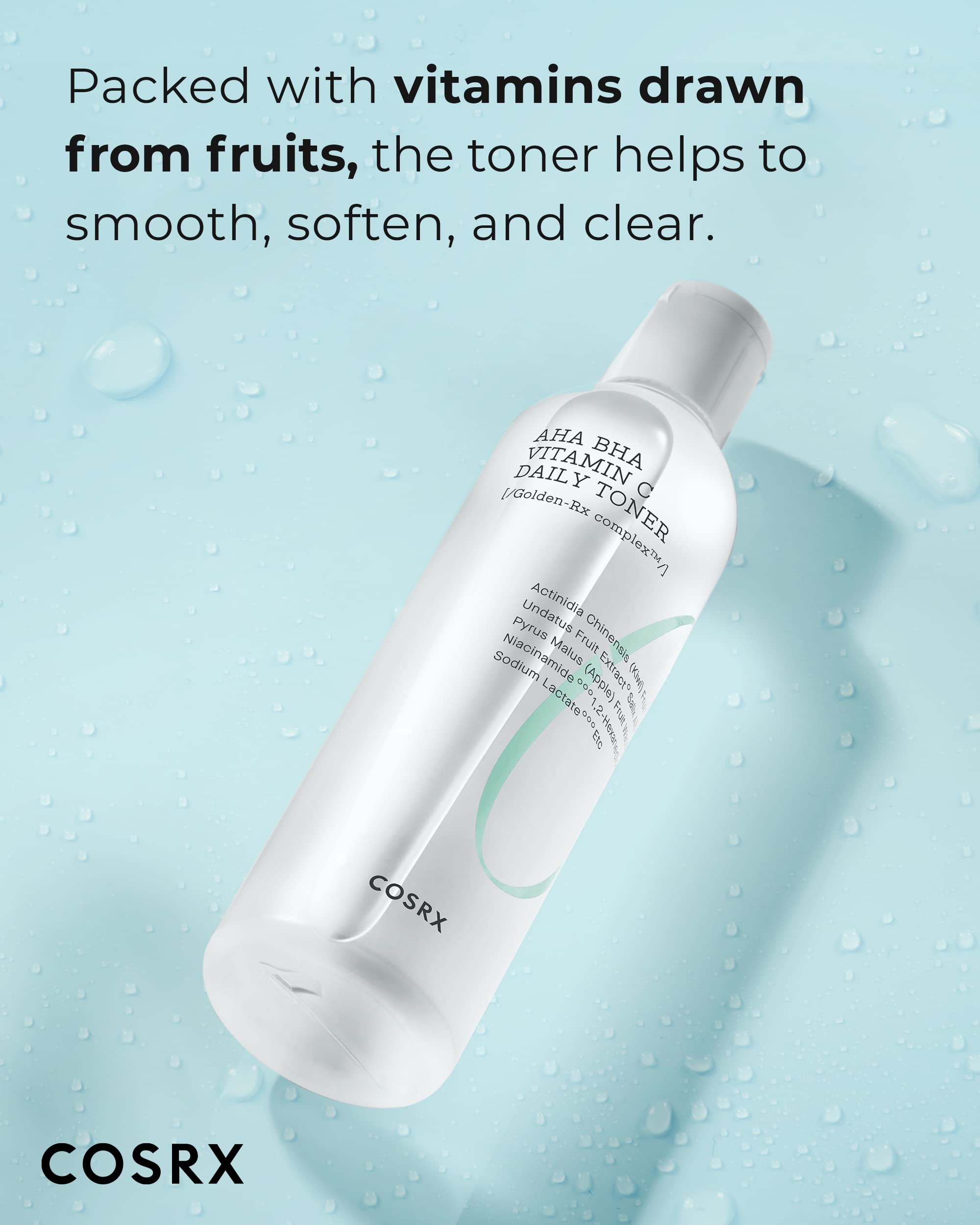 Close-up of COSRX ABC Daily Toner packaging emphasizing sustainable formula.