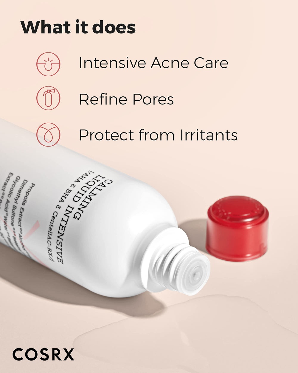 COSRX Acne Calming Liquid texture shot shows lightweight, non-drying feel