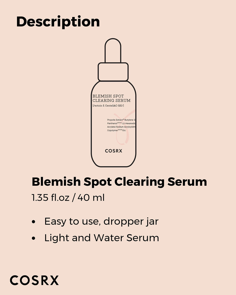 COSRX AC Collection serum label detail highlighting hypoallergenic and free-from claims