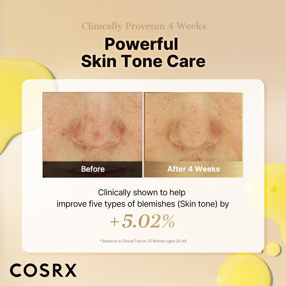 COSRX advanced formula graphic highlights Vitamin C, Vitamin E, and Glutathione synergy