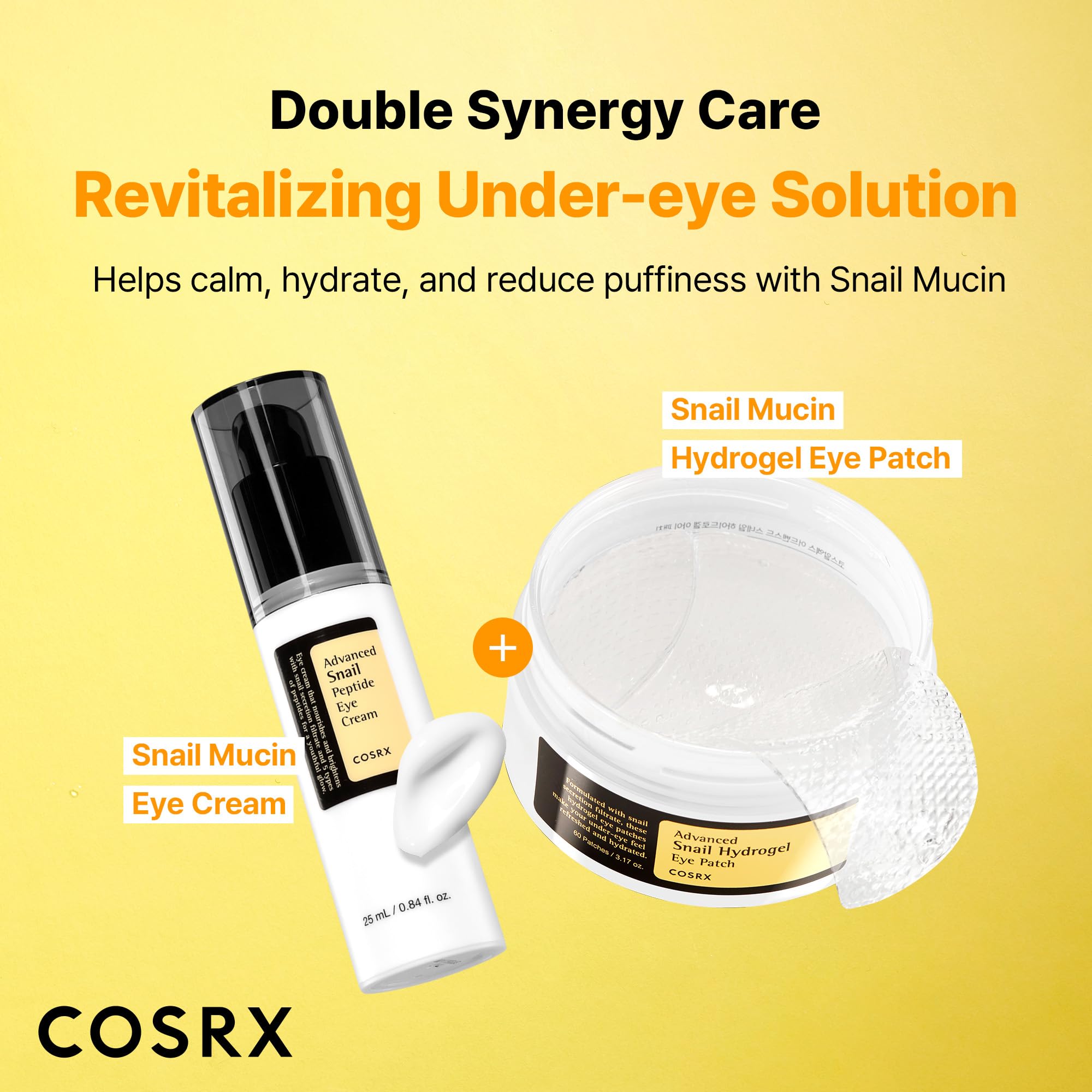 COSRX Advanced Snail Hydrogel Eye Patch pack-in-hand demonstrates two patch sizes for fit