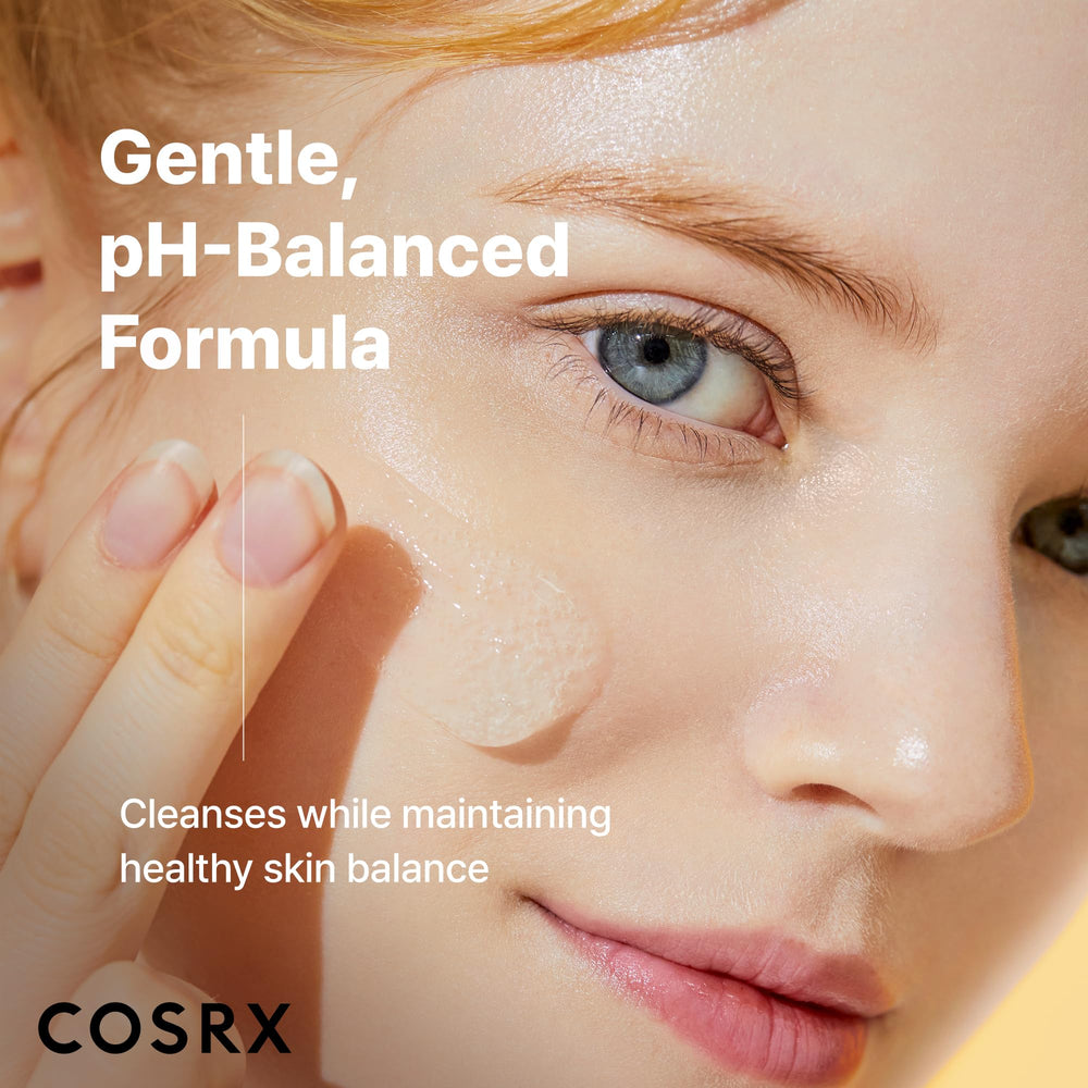 COSRX Advanced Snail Mucin Gel Cleanser dry-skin usage image hints at daily cleansing ritual.