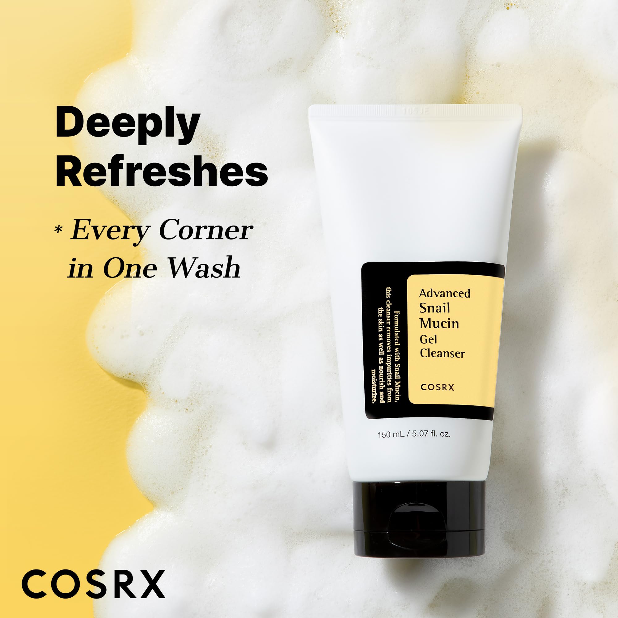 COSRX Advanced Snail Mucin Gel Cleanser ingredient closeup underscores skin-friendly, paraben-free formula.