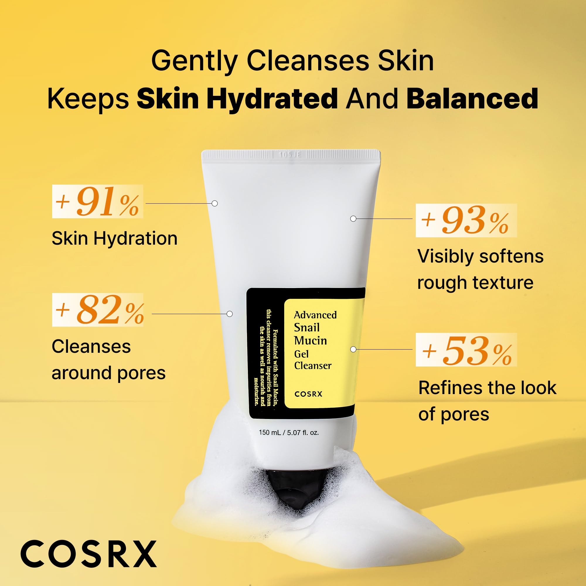 COSRX Advanced Snail Mucin Gel Cleanser after-wash face reveal suggests refreshed, balanced skin.