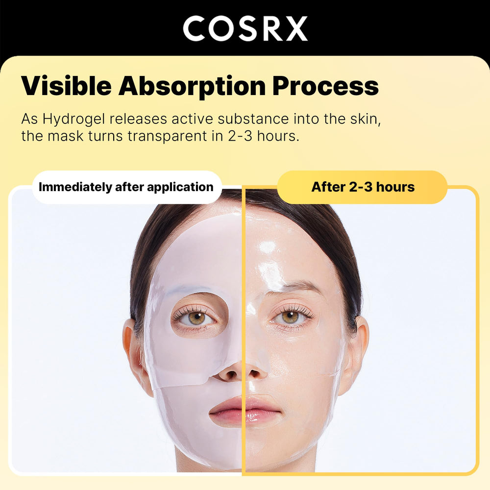 CosRX Advanced Snail Mucin Glass Glow Hydrogel Mask close-up texture shows smoothing finish.