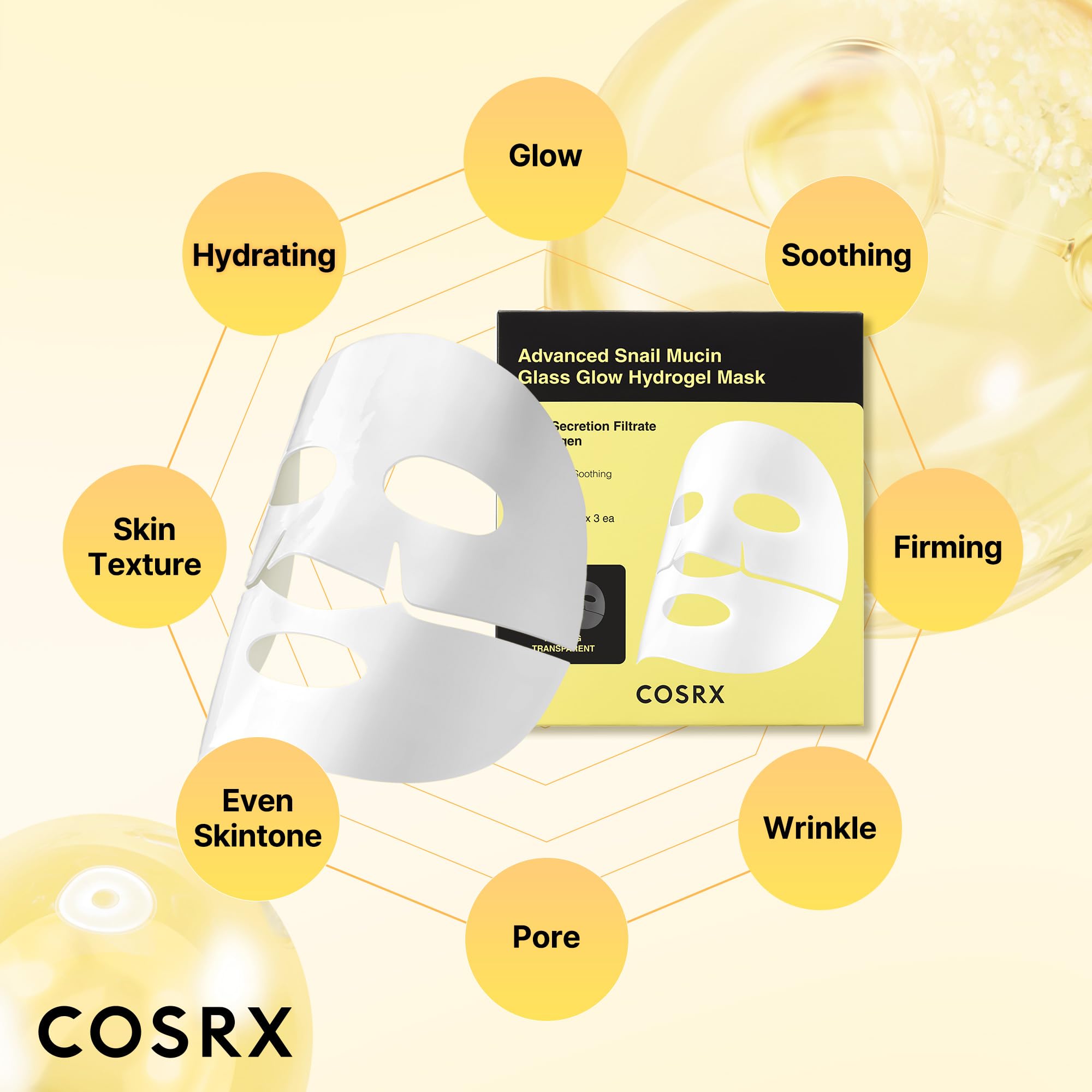 CosRX Advanced Snail Mucin Glass Glow Hydrogel Mask essence visible before application suggests quick absorption.