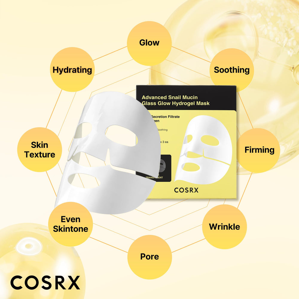 CosRX Advanced Snail Mucin Glass Glow Hydrogel Mask essence visible before application suggests quick absorption.
