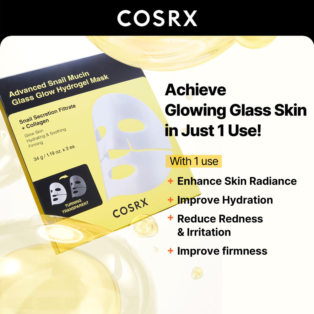 CosRX Advanced Snail Mucin Glass Glow Hydrogel Mask ingredients highlight snail mucin and Niacinamide.
