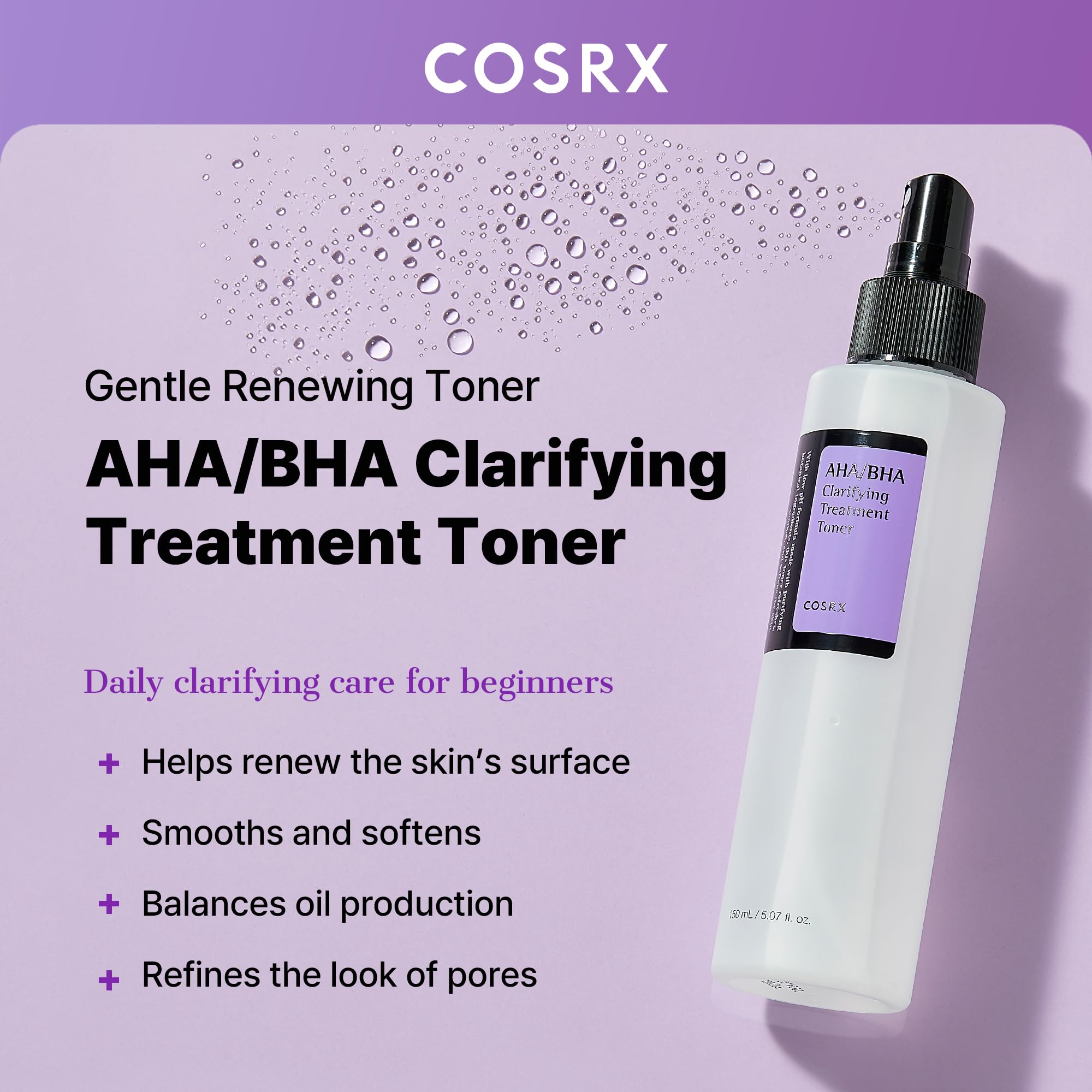 COSRX AHA/BHA Treatment Toner bottle close-up highlighting gentle exfoliating formula