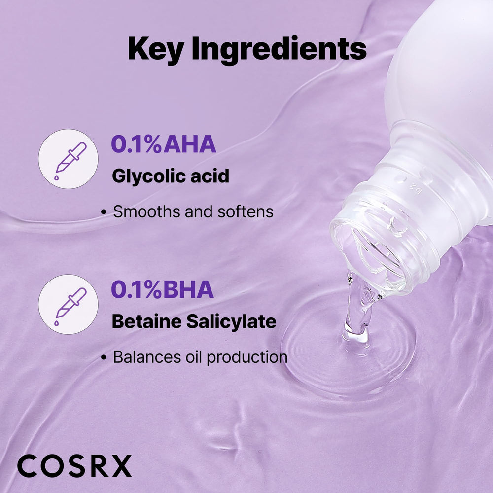 COSRX AHA/BHA Treatment Toner label with hypoallergenic and paraben-free claims
