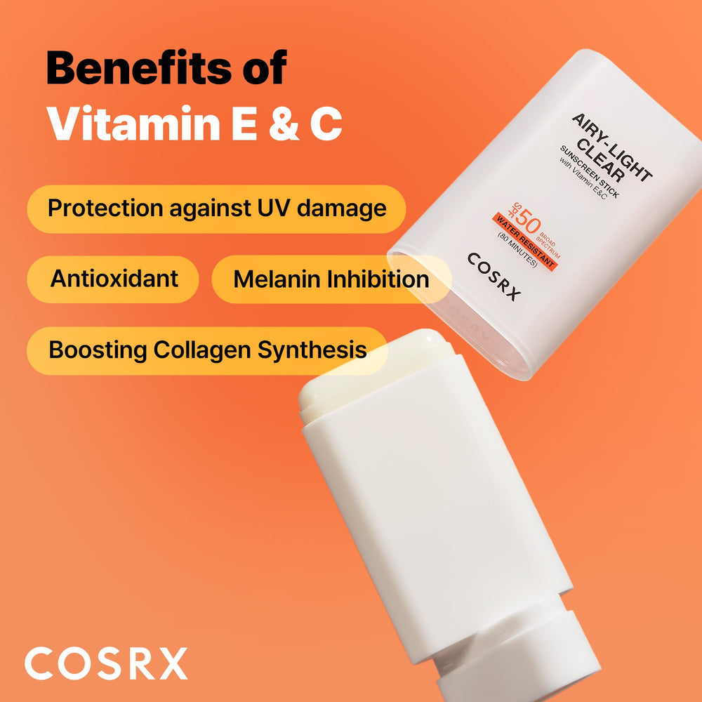COSRX Airy-Light sunscreen stick showing matte, non-greasy finish.