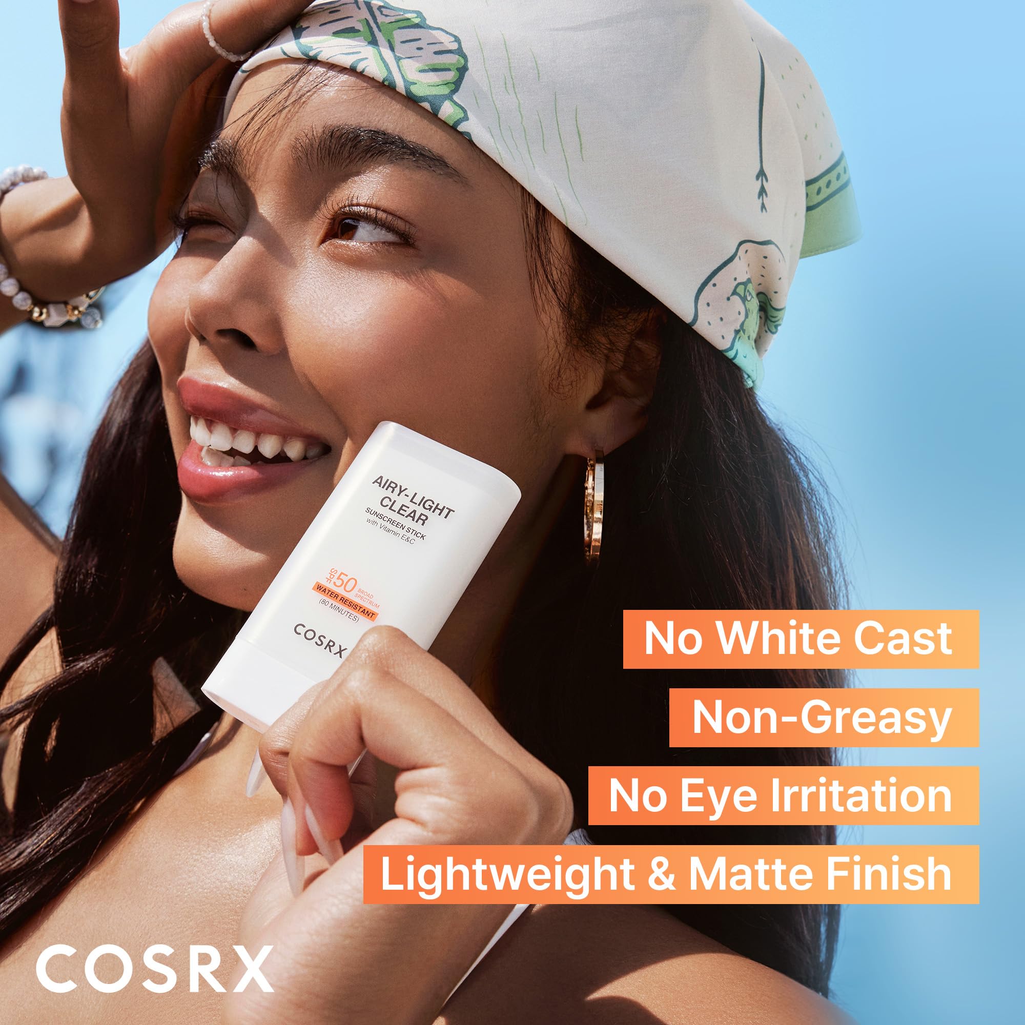 COSRX Airy-Light sunscreen stick demonstrates no white cast on skin tones.