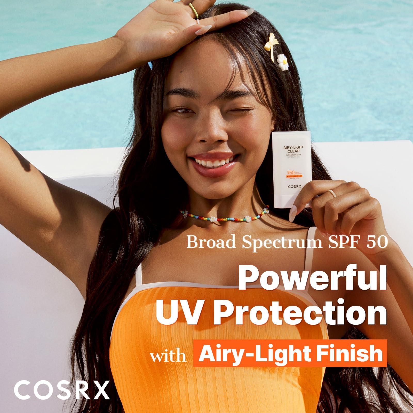 COSRX Airy-Light sunscreen stick being twisted up for quick daily protection.