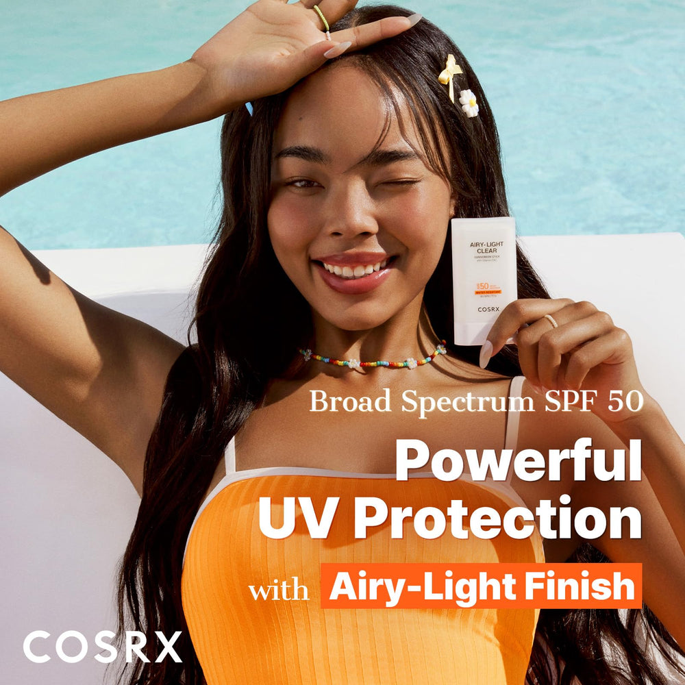 COSRX Airy-Light sunscreen stick being twisted up for quick daily protection.