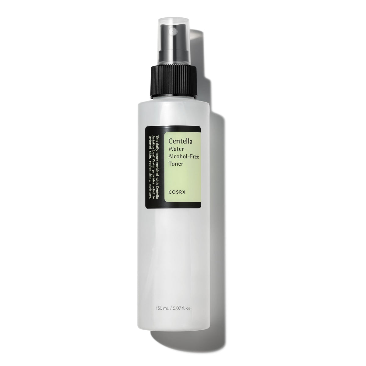 COSRX Alcohol-Free Cica Toner spray bottle delivers gentle hydration for sensitive skin.