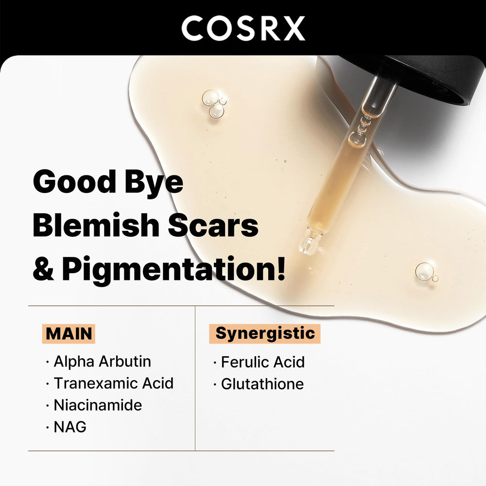 COSRX Alpha Arbutin serum closeup texture showing fast-absorbing finish for calm skin