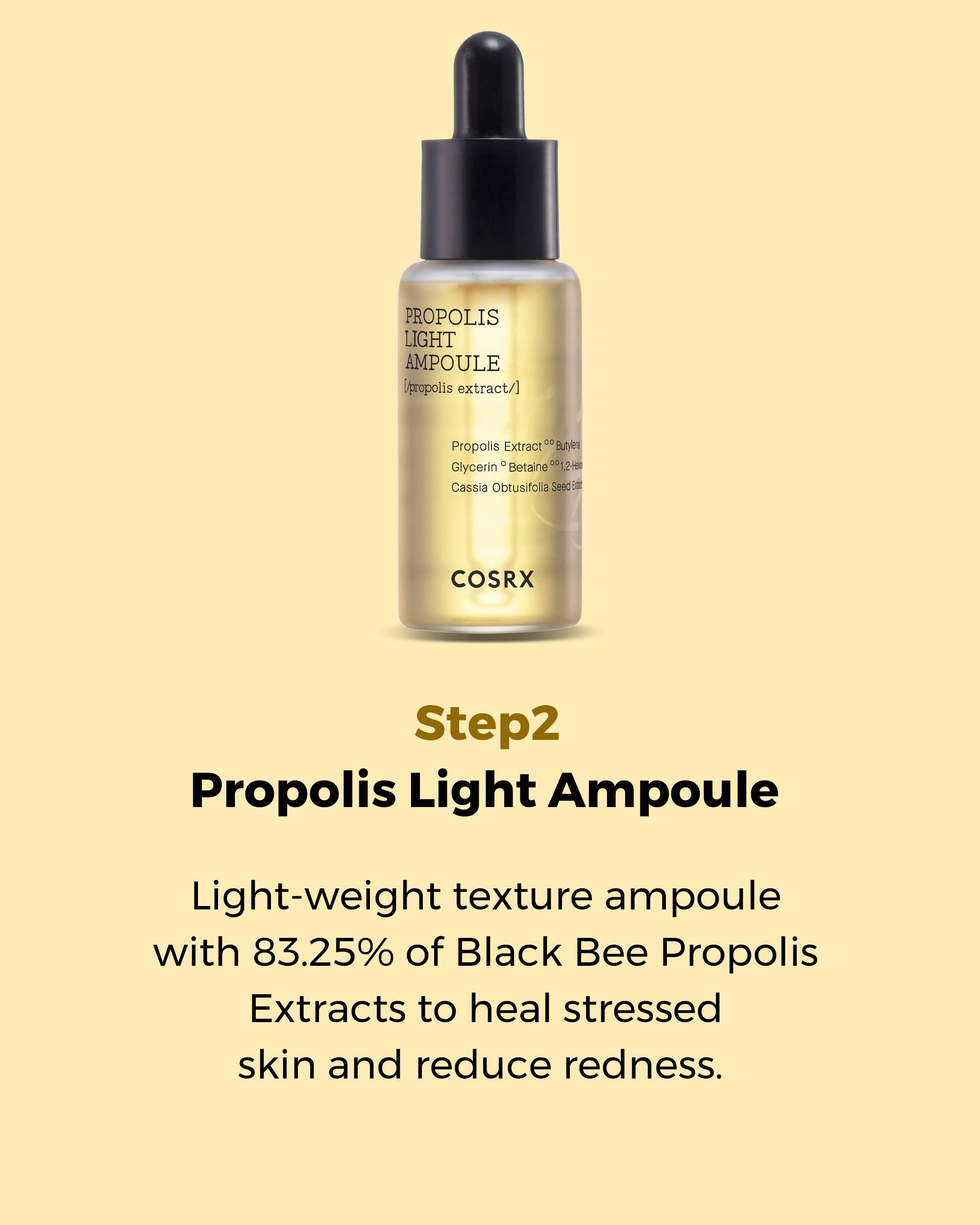 COSRX Black Bee Propolis Complex ingredients image implies replenishment and strength.