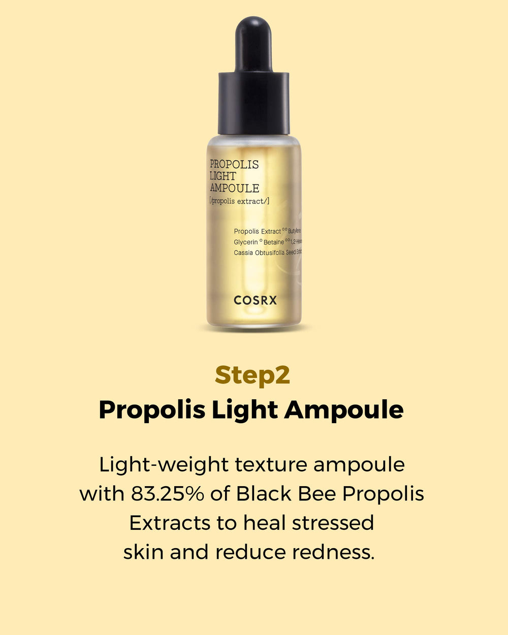 COSRX Black Bee Propolis Complex ingredients image implies replenishment and strength.