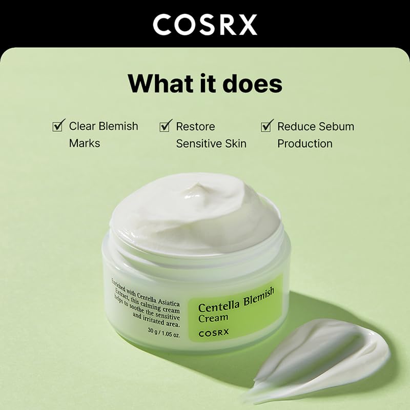 Applying COSRX Centella Blemish Cream for gentle, calming skincare.