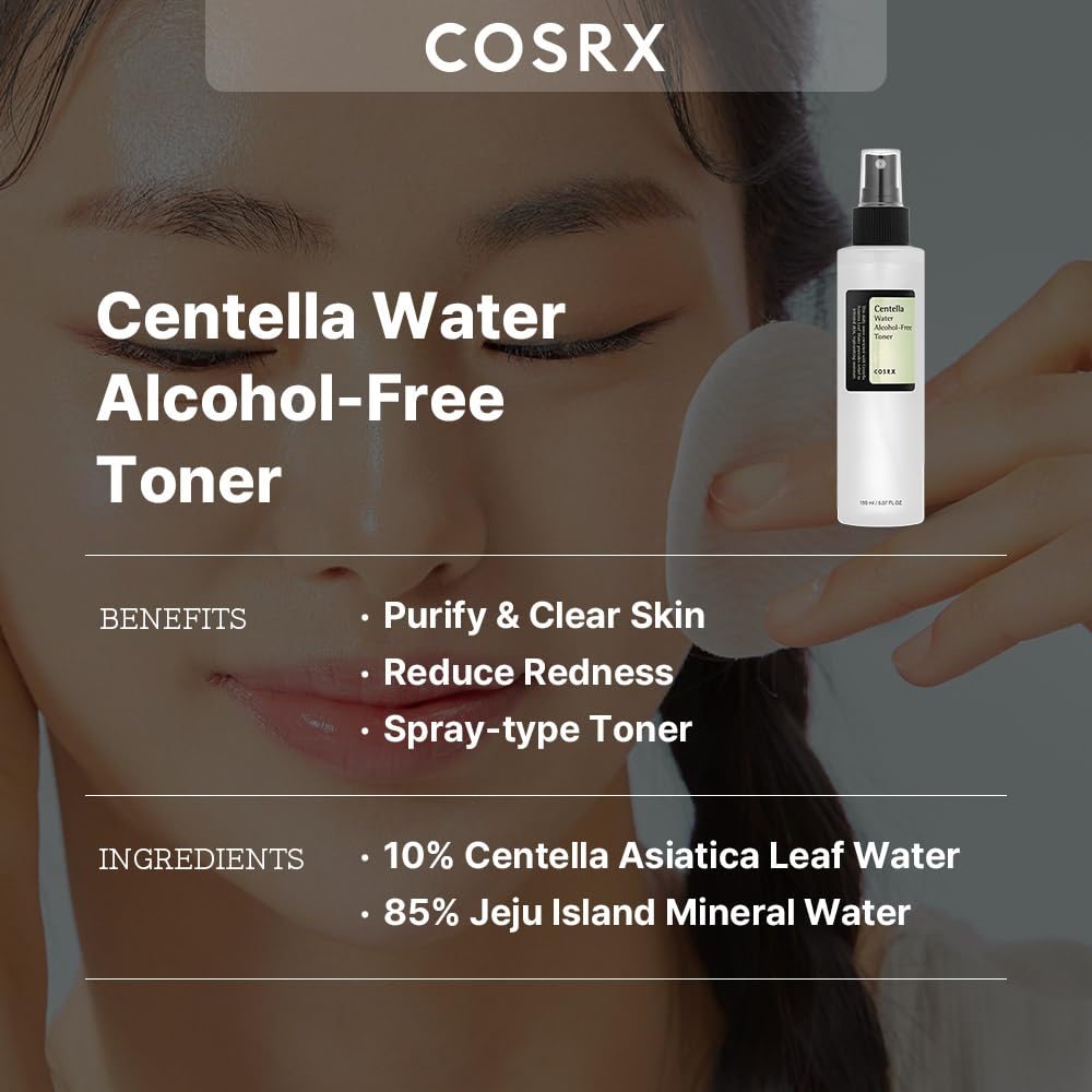 COSRX Centella Water Toner dispense mist highlights soothing hydration for redness-prone, sensitive skin.