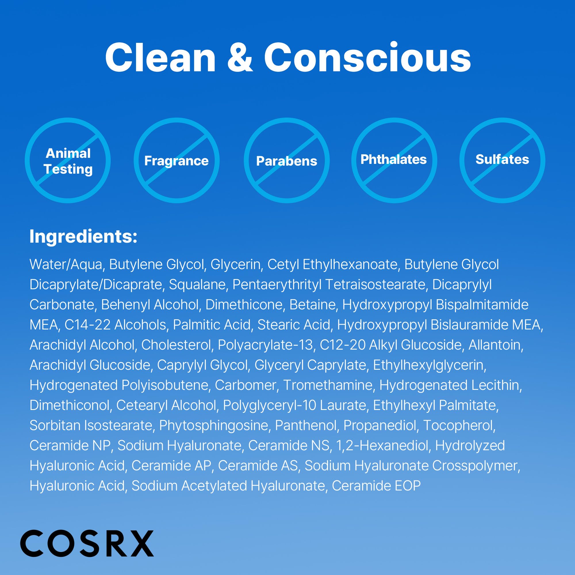 COSRX ingredients panel highlights seven ceramides and panthenol for soothing care