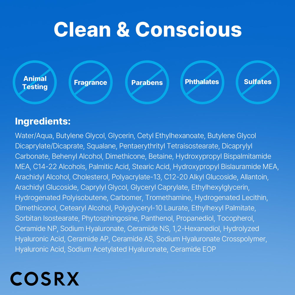 COSRX ingredients panel highlights seven ceramides and panthenol for soothing care