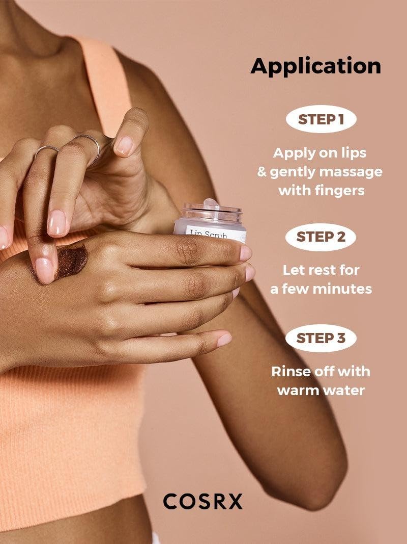 COSRX lip scrub showcases cocoa extract for nourishing, antioxidant-rich care.