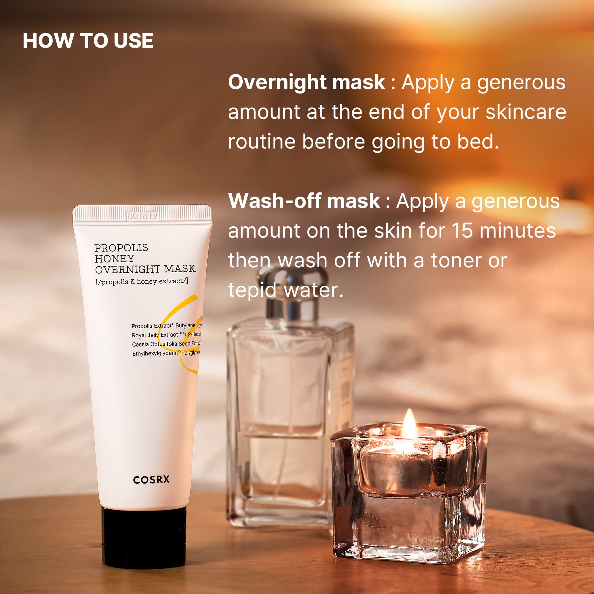 COSRX Full Fit Propolis Honey Overnight Mask 87percent-propolis highlight suggests potent soothing action.