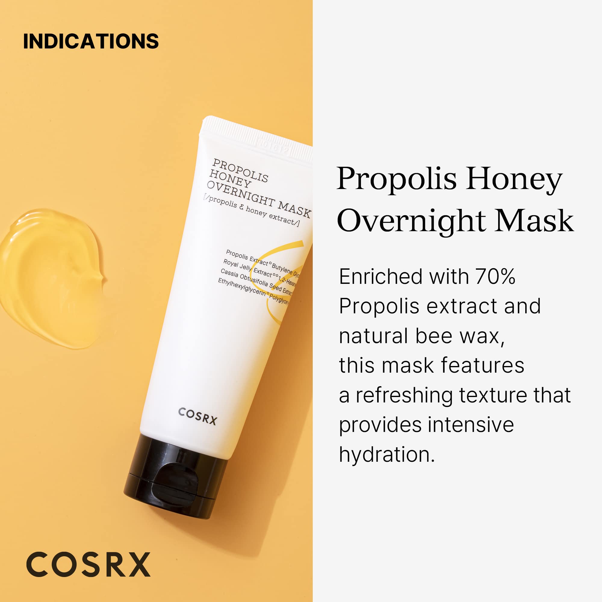 COSRX Full Fit Propolis Honey Overnight Mask gel texture highlighted for fast-absorbing hydration.