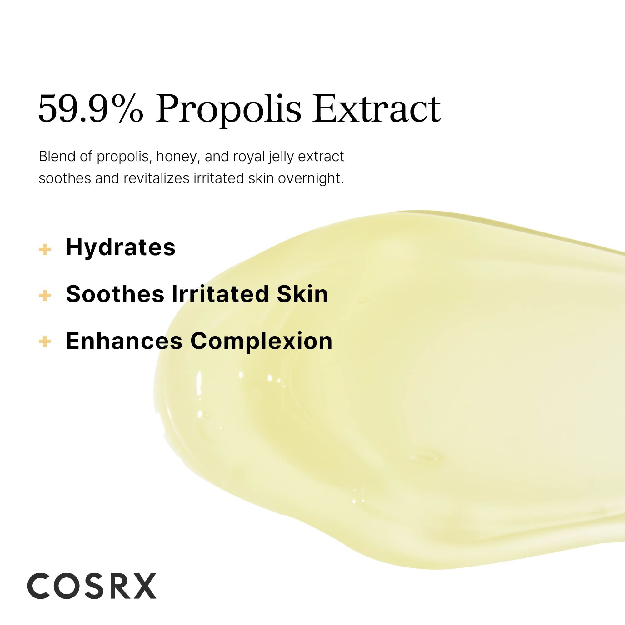 COSRX Full Fit Propolis Honey Overnight Mask spread-on-face image shows soothing, lightweight moisture.