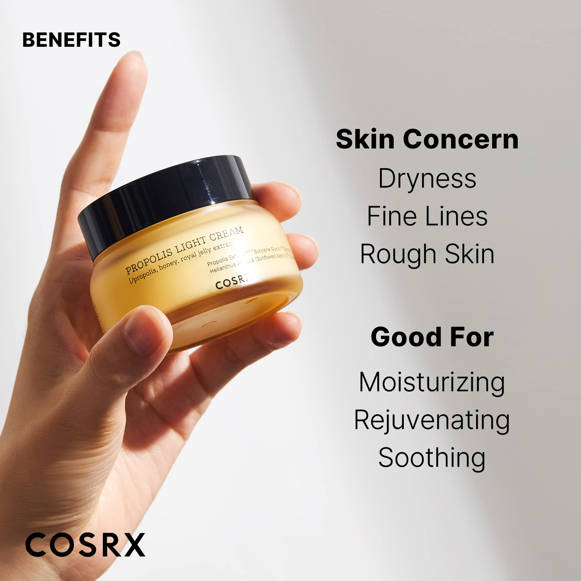 COSRX Full Fit Propolis Light Cream hypoallergenic and dermatologist-tested, cruelty-free.