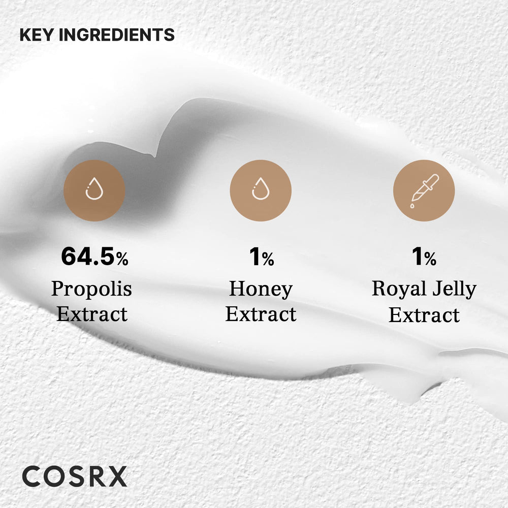 COSRX Full Fit Propolis Light Cream ingredient focus featuring propolis, honey, and royal jelly.