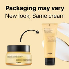 COSRX Full Fit Propolis Light Cream jar close-up shows texture and glossy finish.