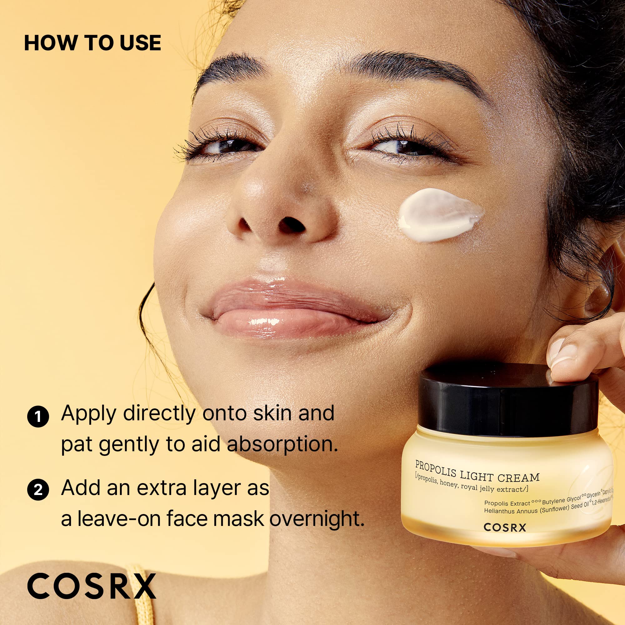 COSRX Full Fit Propolis Light Cream absorbs quickly with no sticky residue.