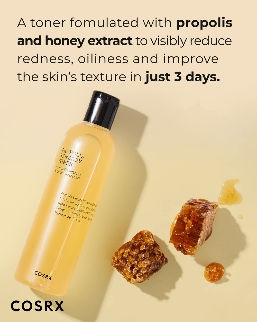 COSRX Full Fit Propolis Synergy Toner packaging highlights propolis and honey for nourishment.