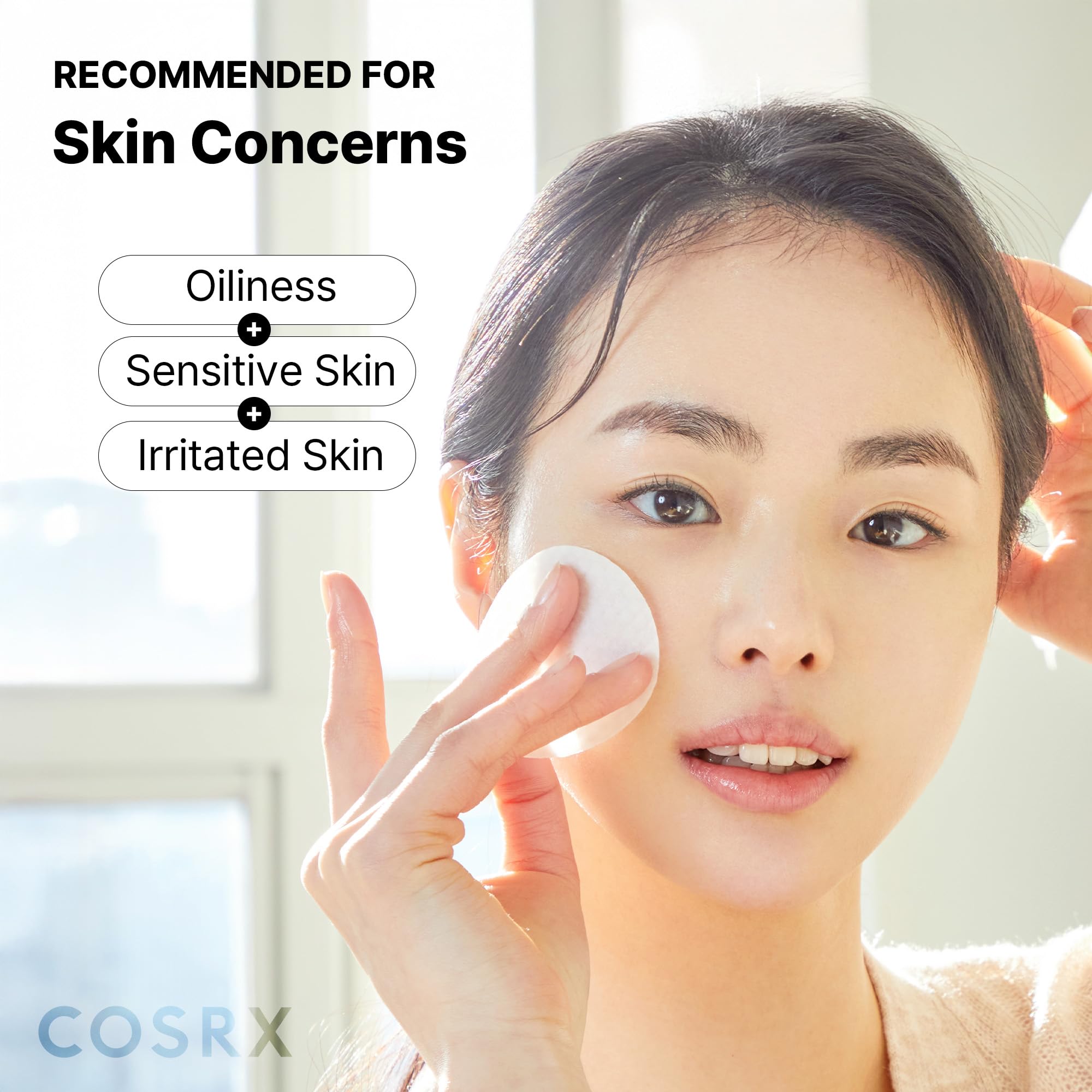 COSRX Green Calming Pads applied on face demonstrates easy soothing action.