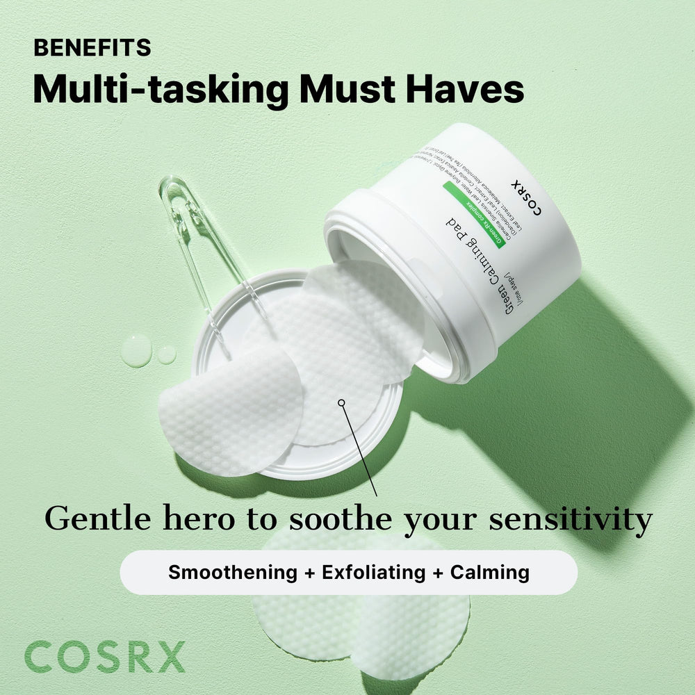COSRX Green Calming Pads green-tea-water infusion promotes calming hydration on skin.