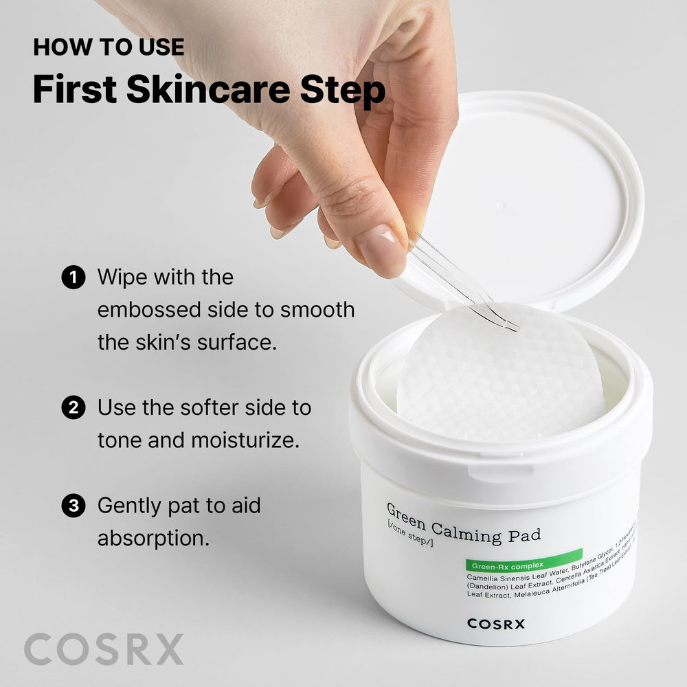 COSRX Green Calming Pads ingredients graphic emphasizes Green Tea and PHA exfoliation.