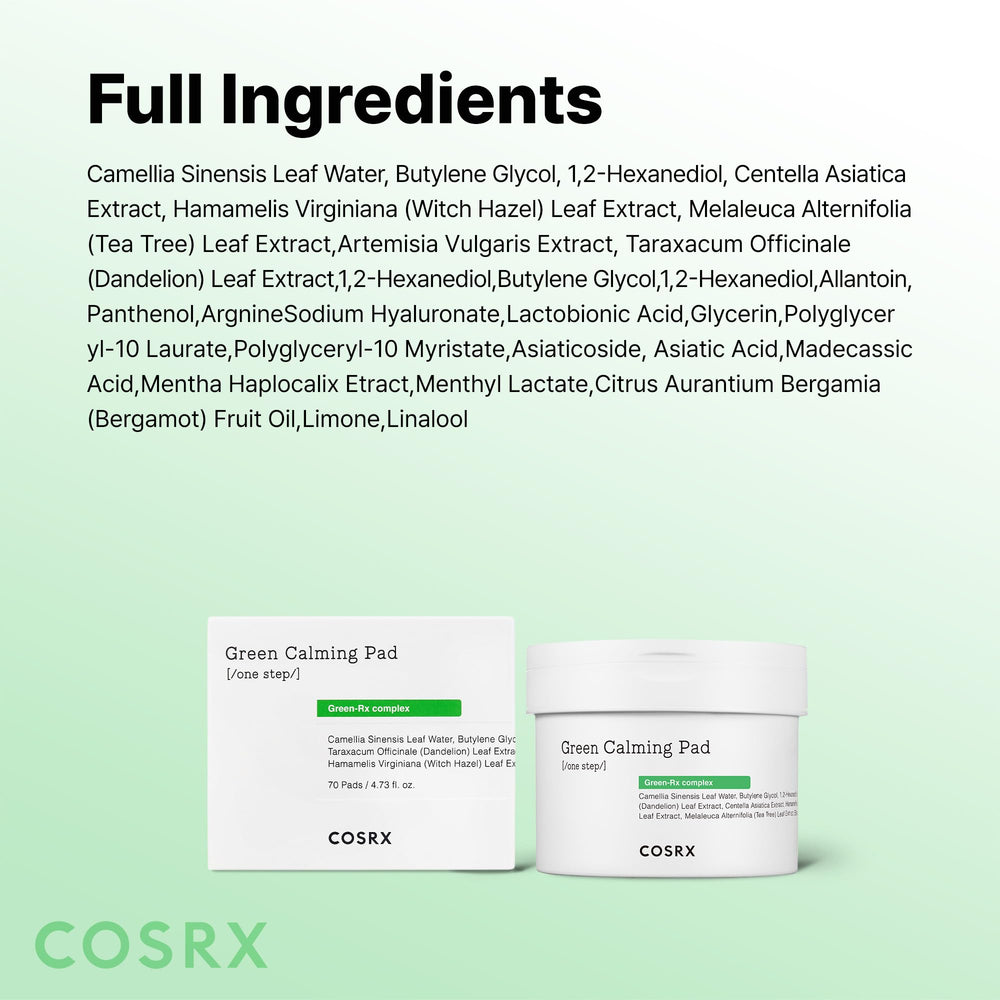 COSRX Green Calming Pads nighttime routine shot suggests calming therapy before bed.