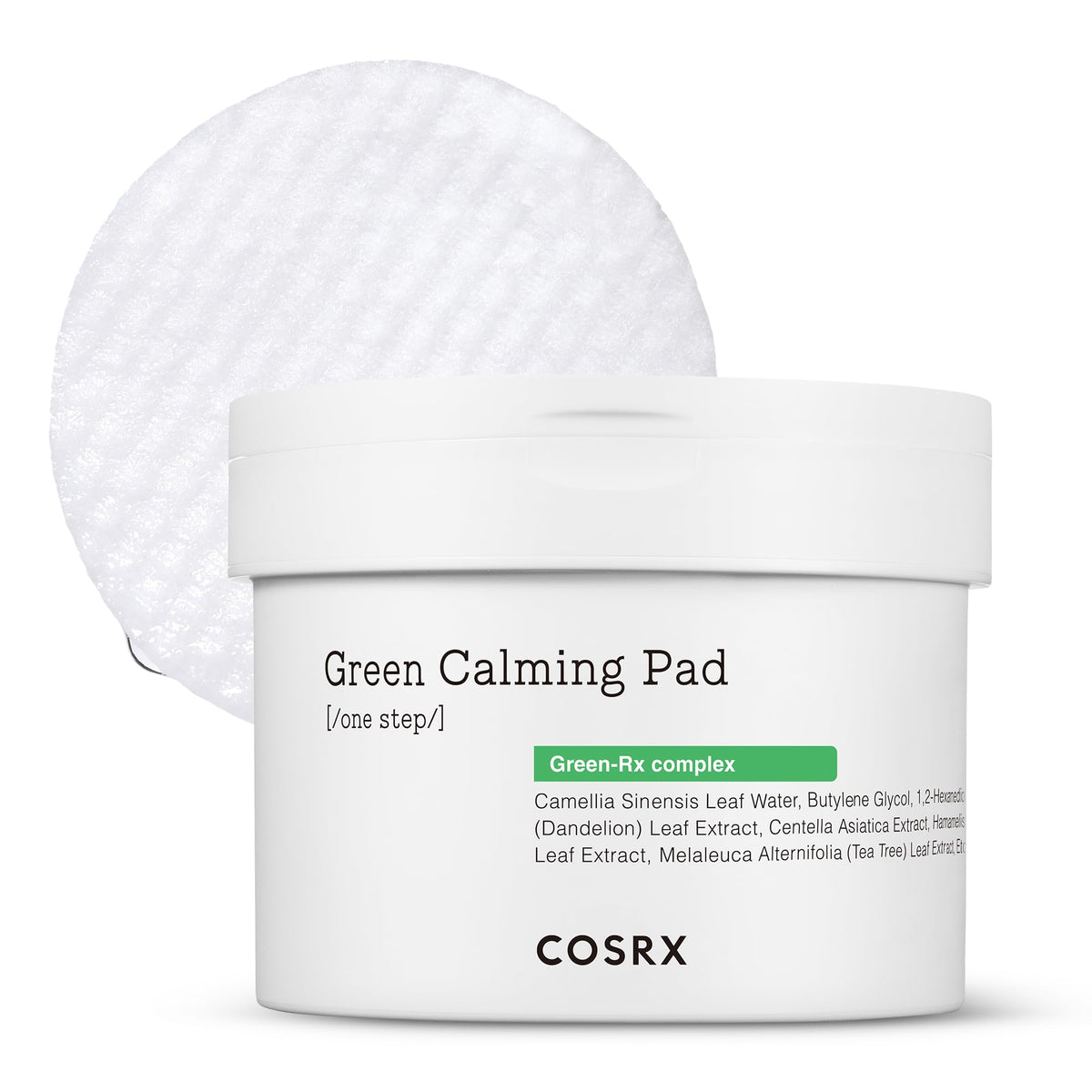 COSRX Green Calming Pads packaging showing portable sheets for soothing routines.