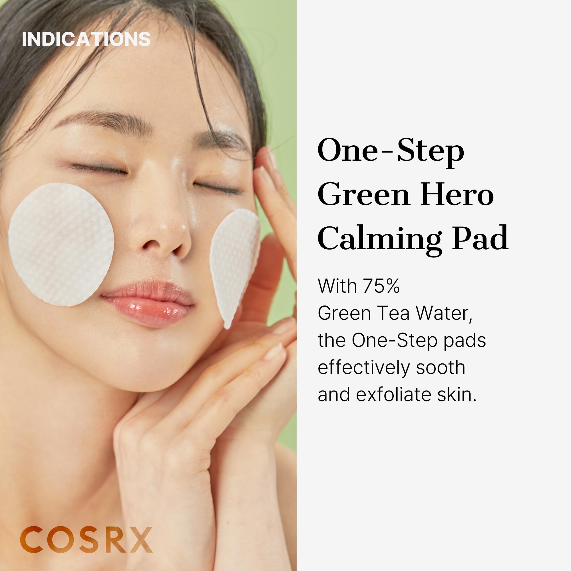 COSRX Green Calming Pads soaked sheets ready for cleansing and refreshing skin.