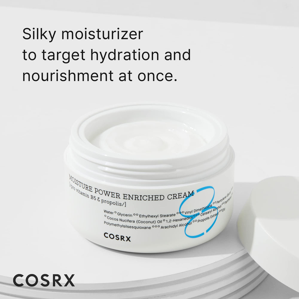 COSRX Hyaluronic Acid Moisturizer jar closeup highlights silky texture and non-greasy finish.