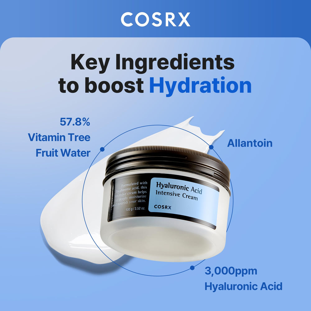 COSRX Hyaluronic Acid Moisturizing Cream jar close-up emphasizing rich texture and moisture retention.