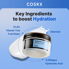 COSRX Hyaluronic Acid Moisturizing Cream jar close-up emphasizing rich texture and moisture retention.
