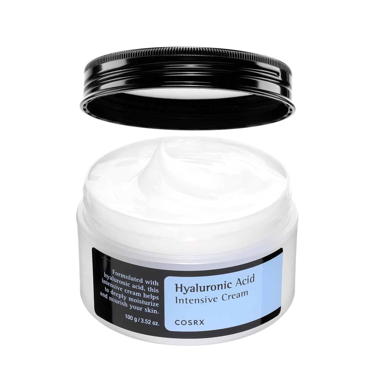 COSRX Hyaluronic Acid Moisturizing Cream packaging highlighting sleek jar for lasting hydration.