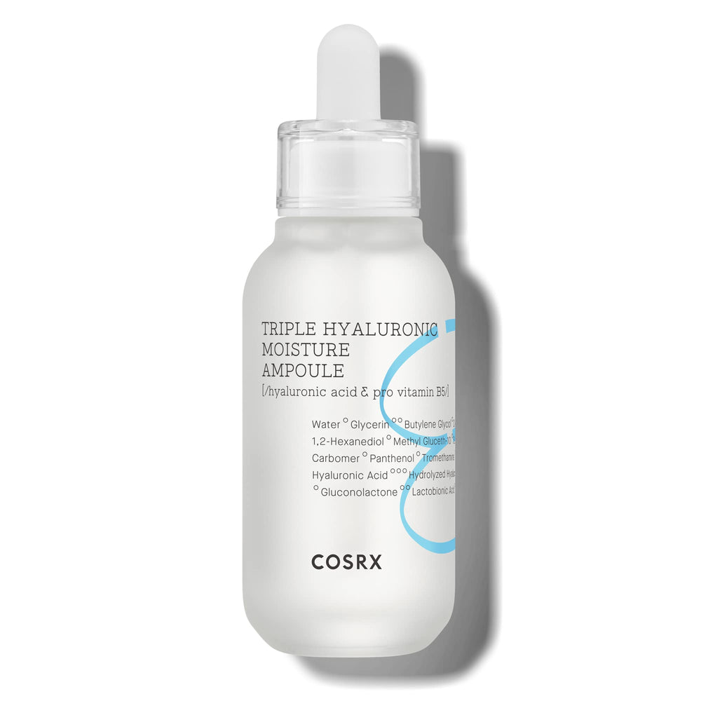 COSRX Hydrium triple hyaluronic ampoule bottle provides deep hydration for dewy skin