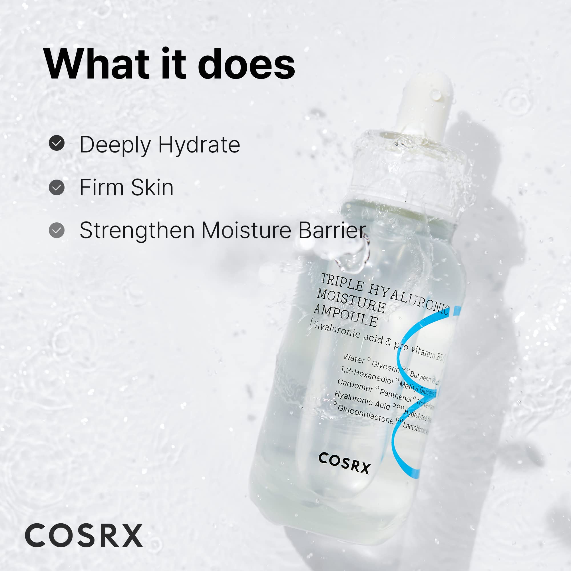 COSRX Hydrium ampoule ingredients scene highlights three hyaluronic acids for multi-layer hydration