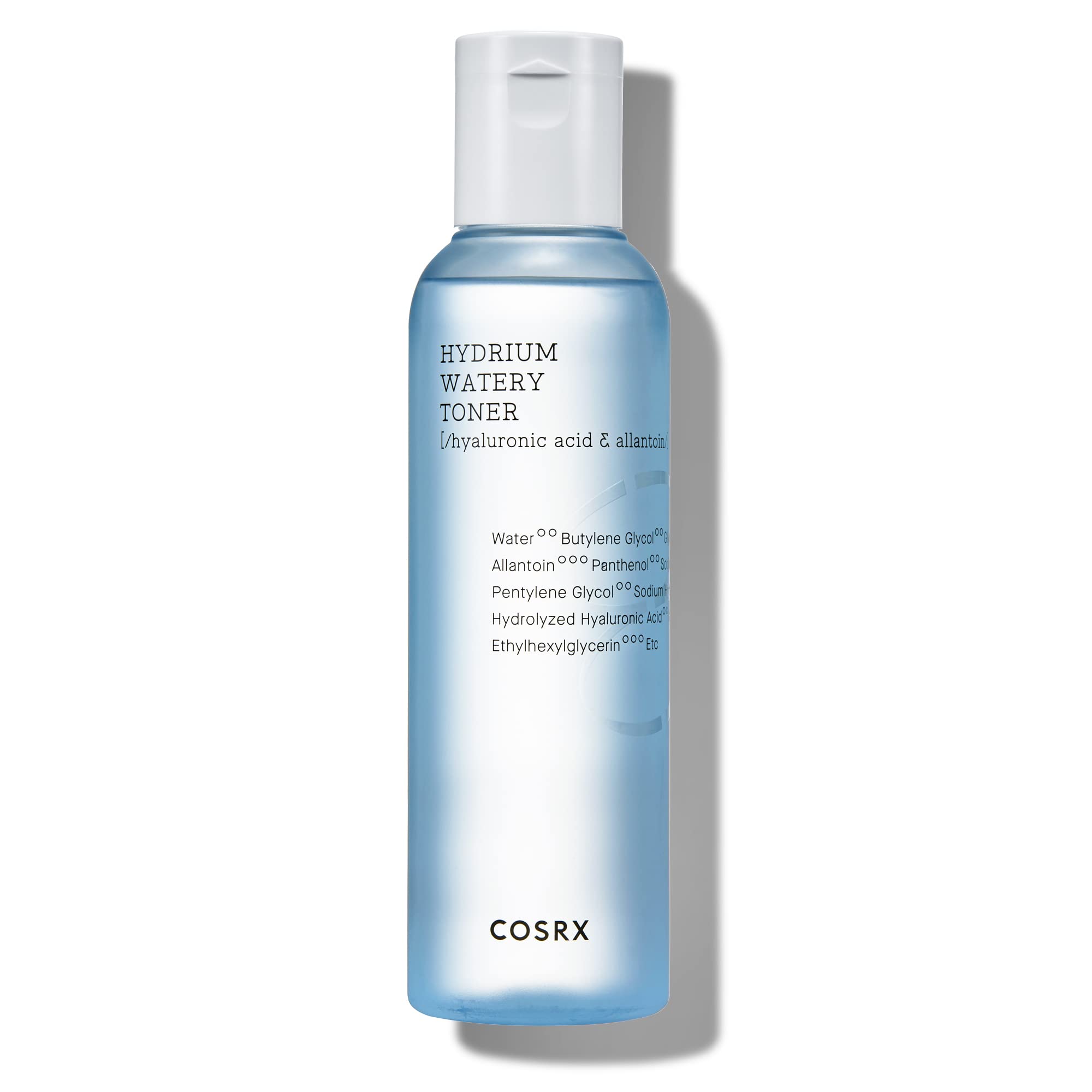 COSRX Hydrium Watery Toner bottle closeup showing refreshing hydration for the skin.